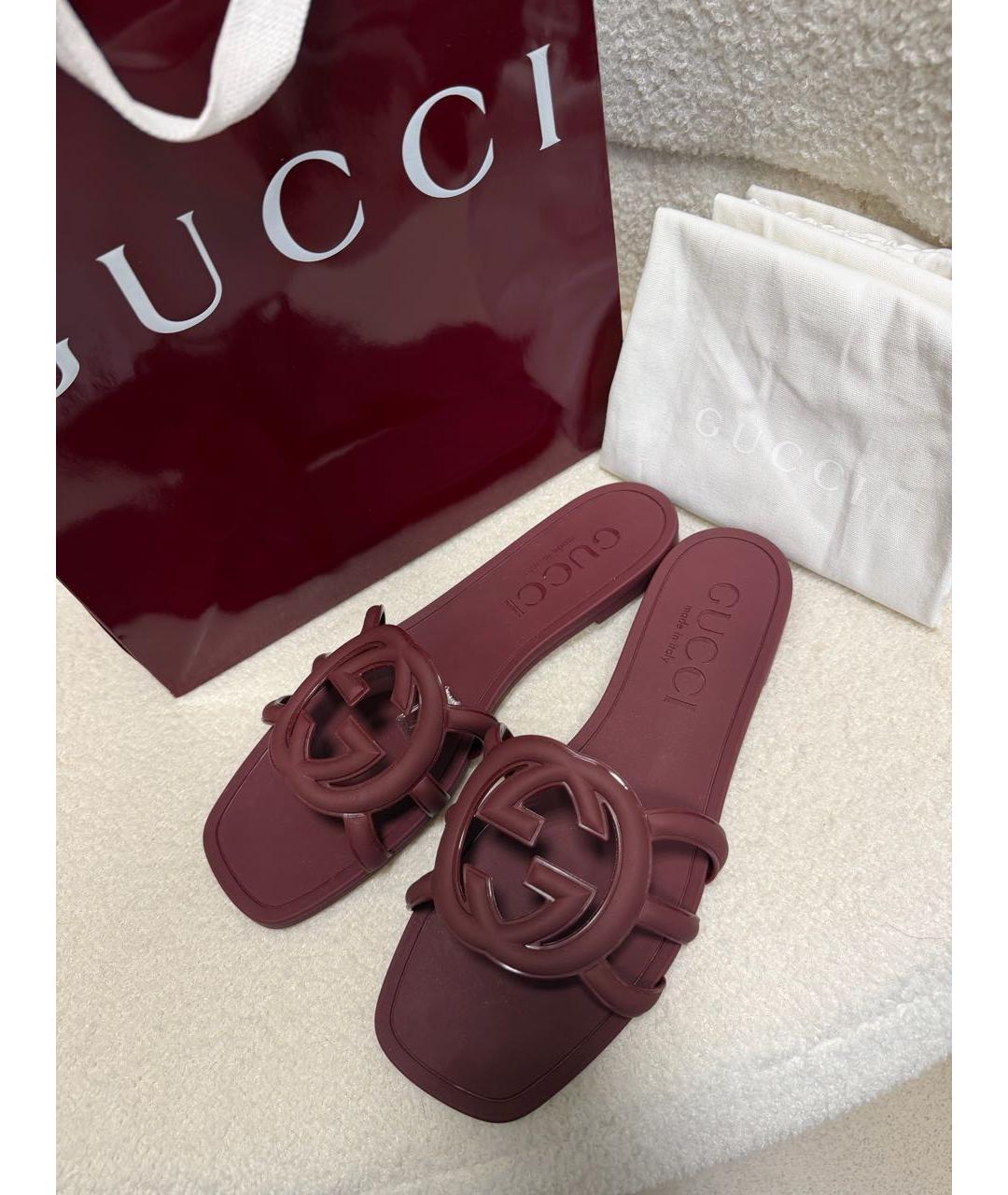 GUCCI Бордовые резиновые шлепанцы, фото 6
