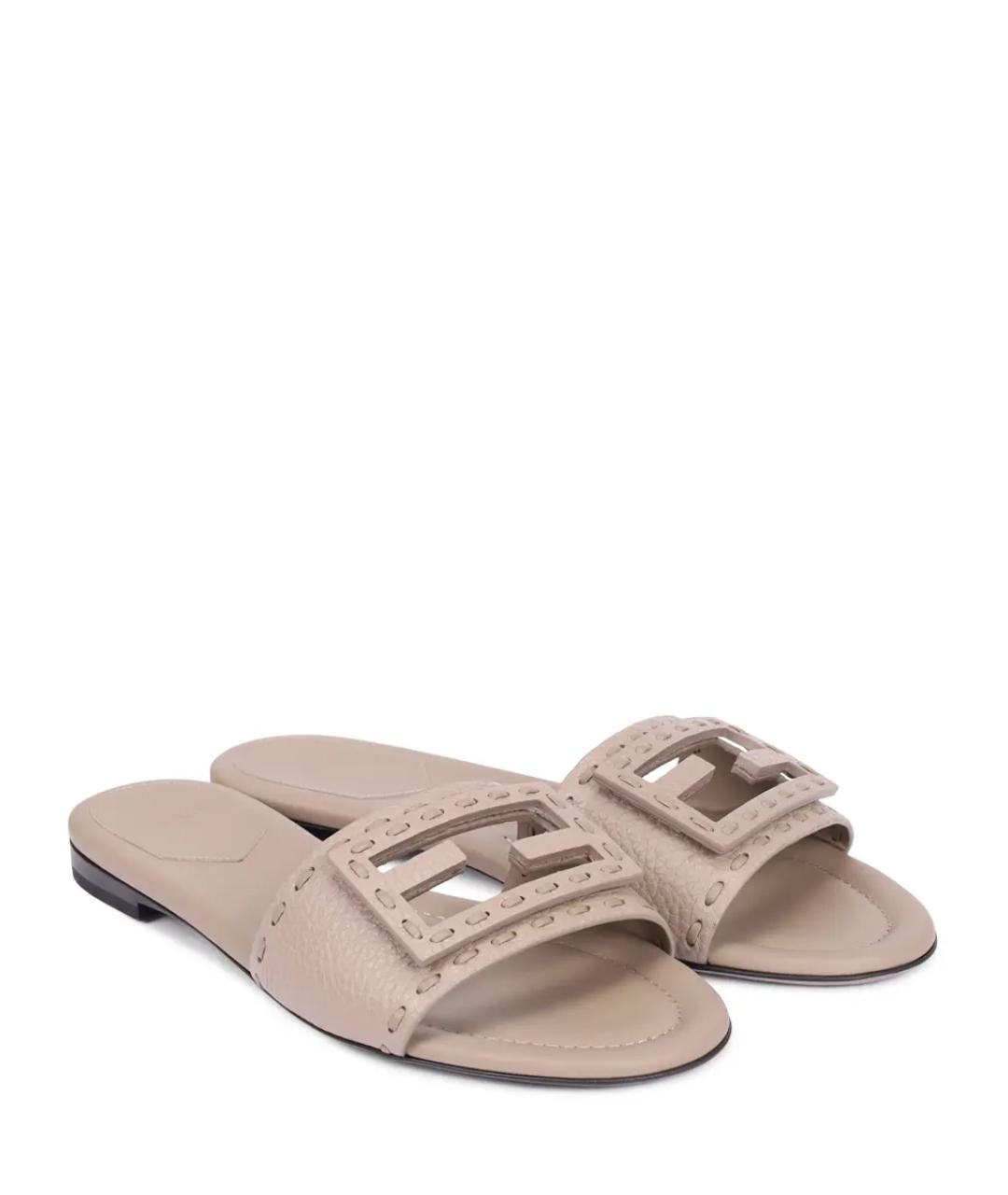FENDI Бежевые кожаные шлепанцы, фото 2