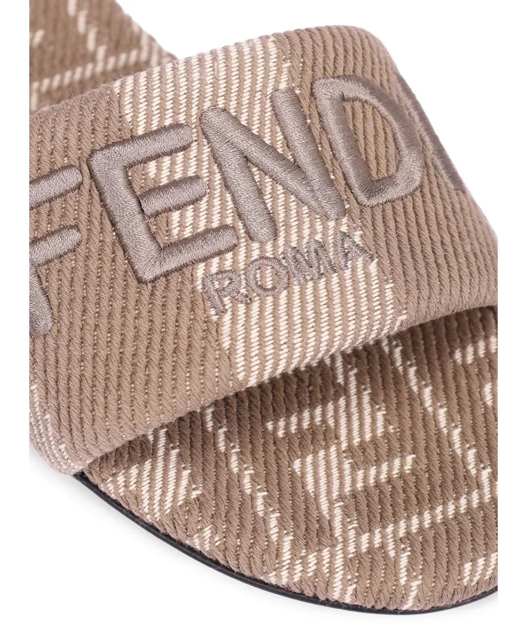 FENDI Бежевые текстильные шлепанцы, фото 5