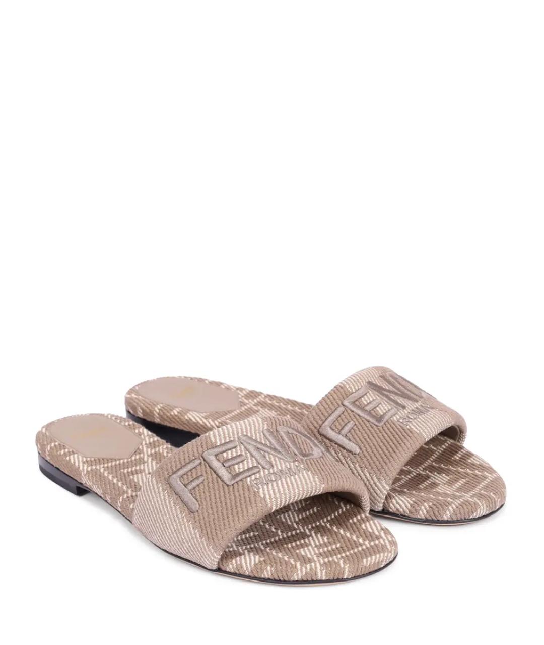 FENDI Бежевые текстильные шлепанцы, фото 2