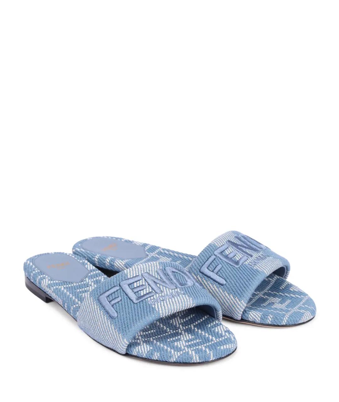 FENDI Голубые текстильные шлепанцы, фото 2