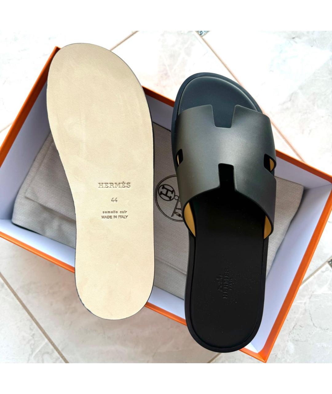 HERMES Черные кожаные шлепанцы, фото 5