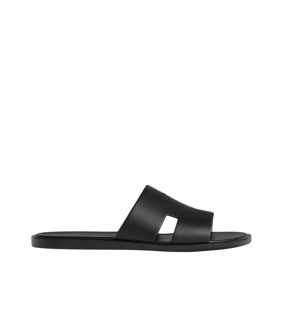 HERMES Черные кожаные шлепанцы, фото 1
