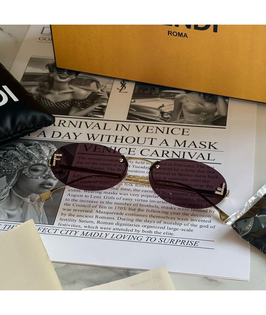 FENDI Бордовые металлические солнцезащитные очки, фото 2