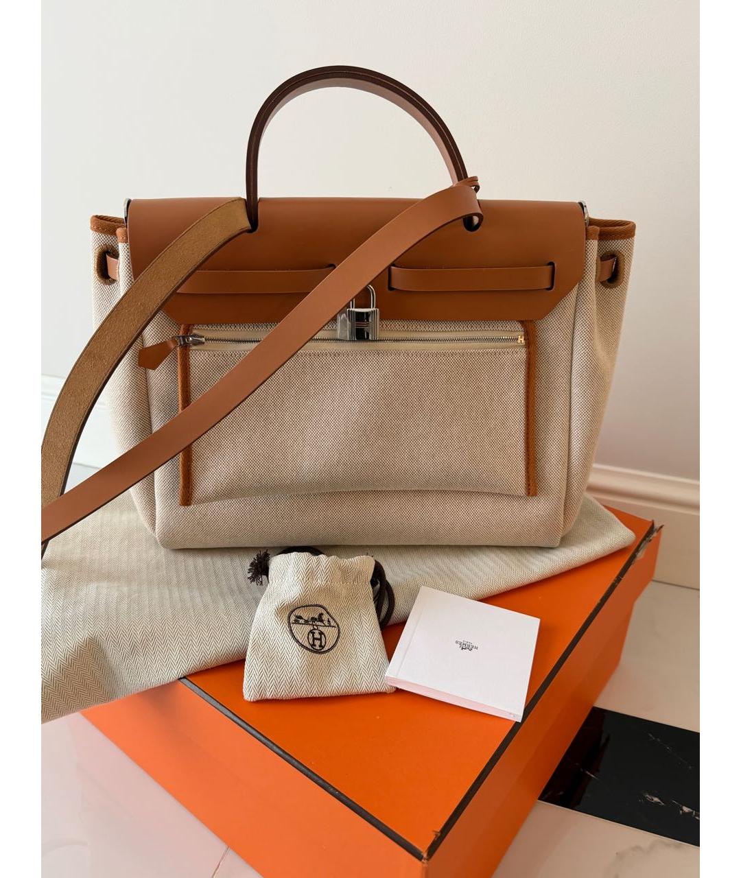 HERMES Бежевая тканевая сумка тоут, фото 3