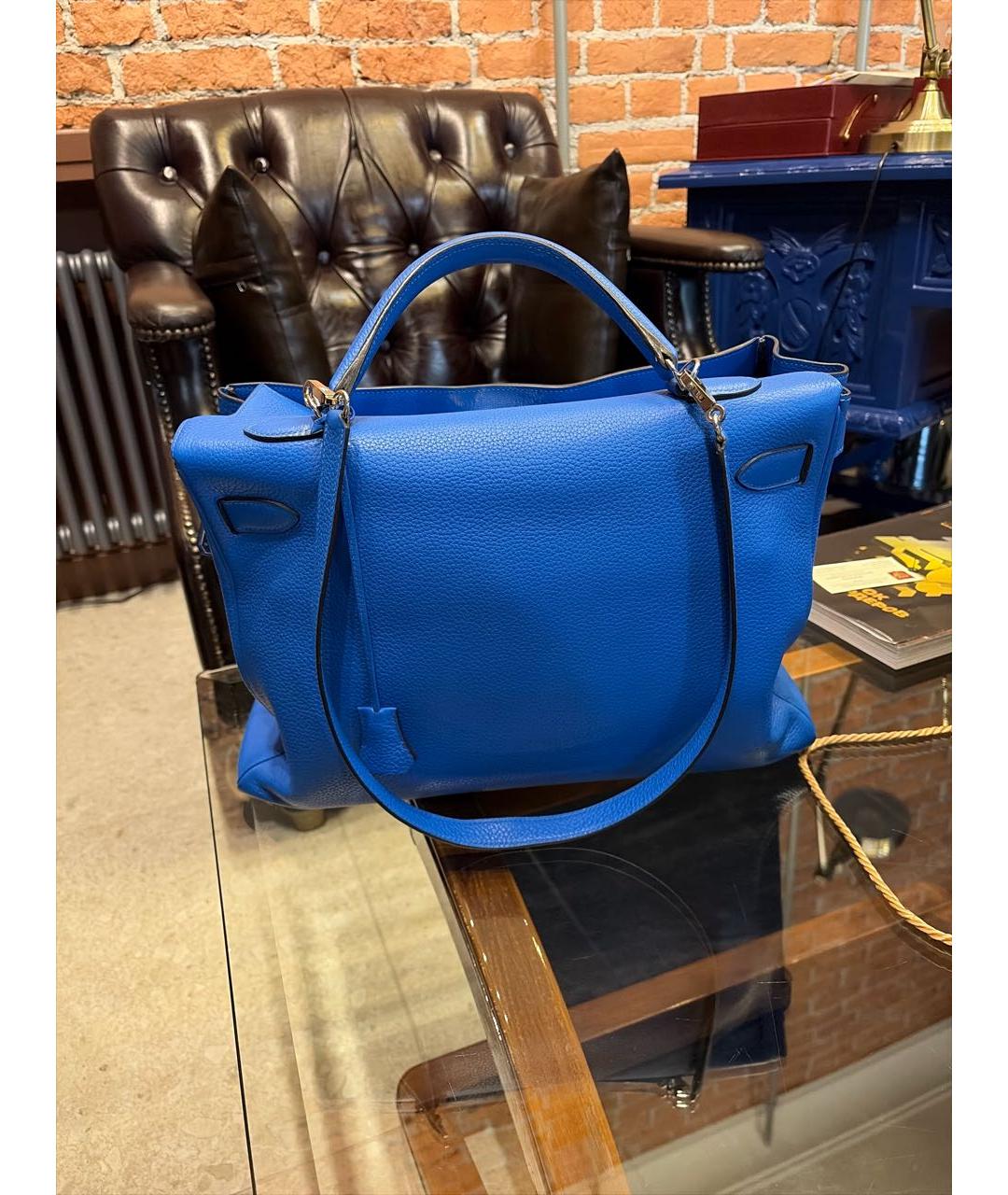 HERMES Синяя кожаная сумка с короткими ручками, фото 5
