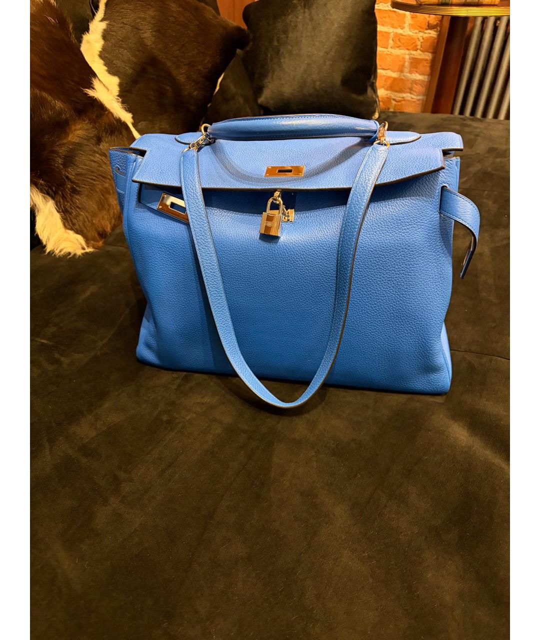HERMES Синяя кожаная сумка с короткими ручками, фото 2