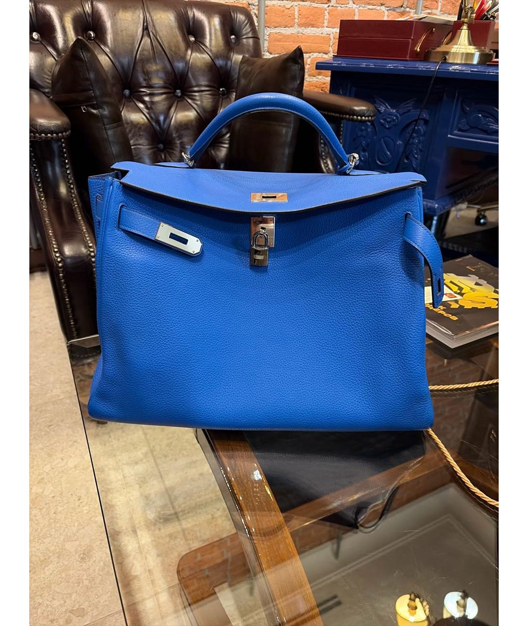 HERMES Синяя кожаная сумка с короткими ручками, фото 6