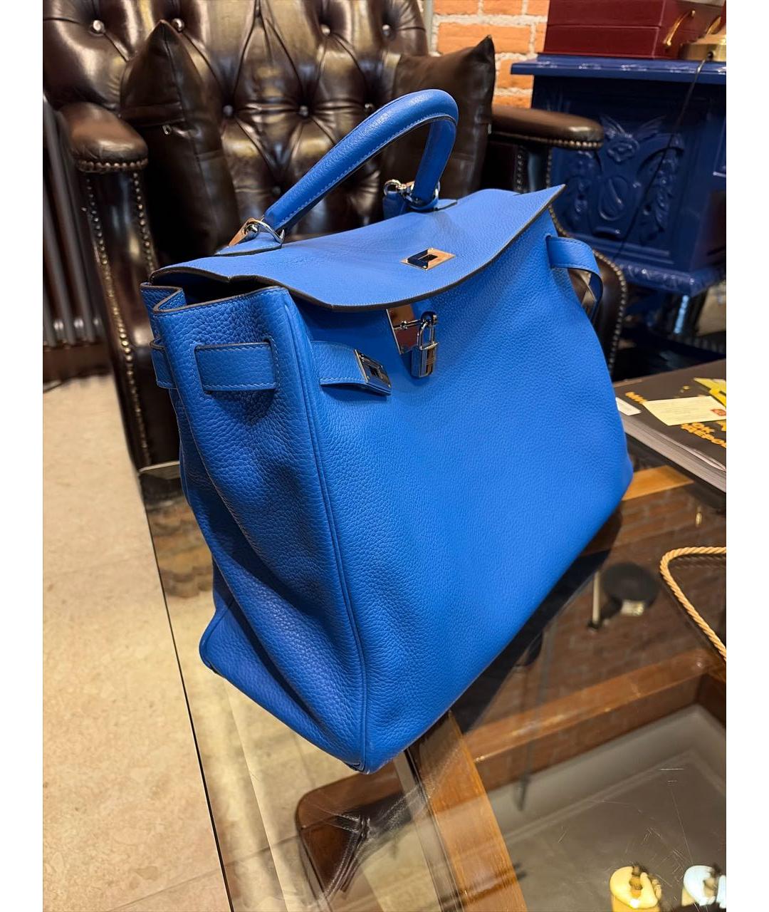 HERMES Синяя кожаная сумка с короткими ручками, фото 4