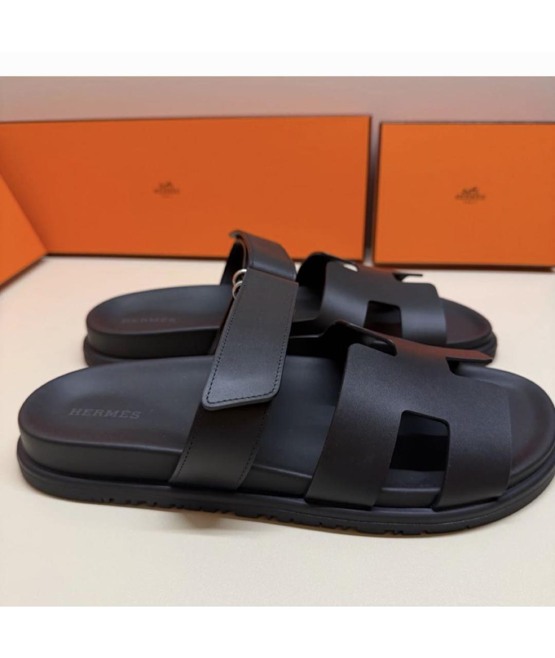 HERMES Черные кожаные шлепанцы, фото 6