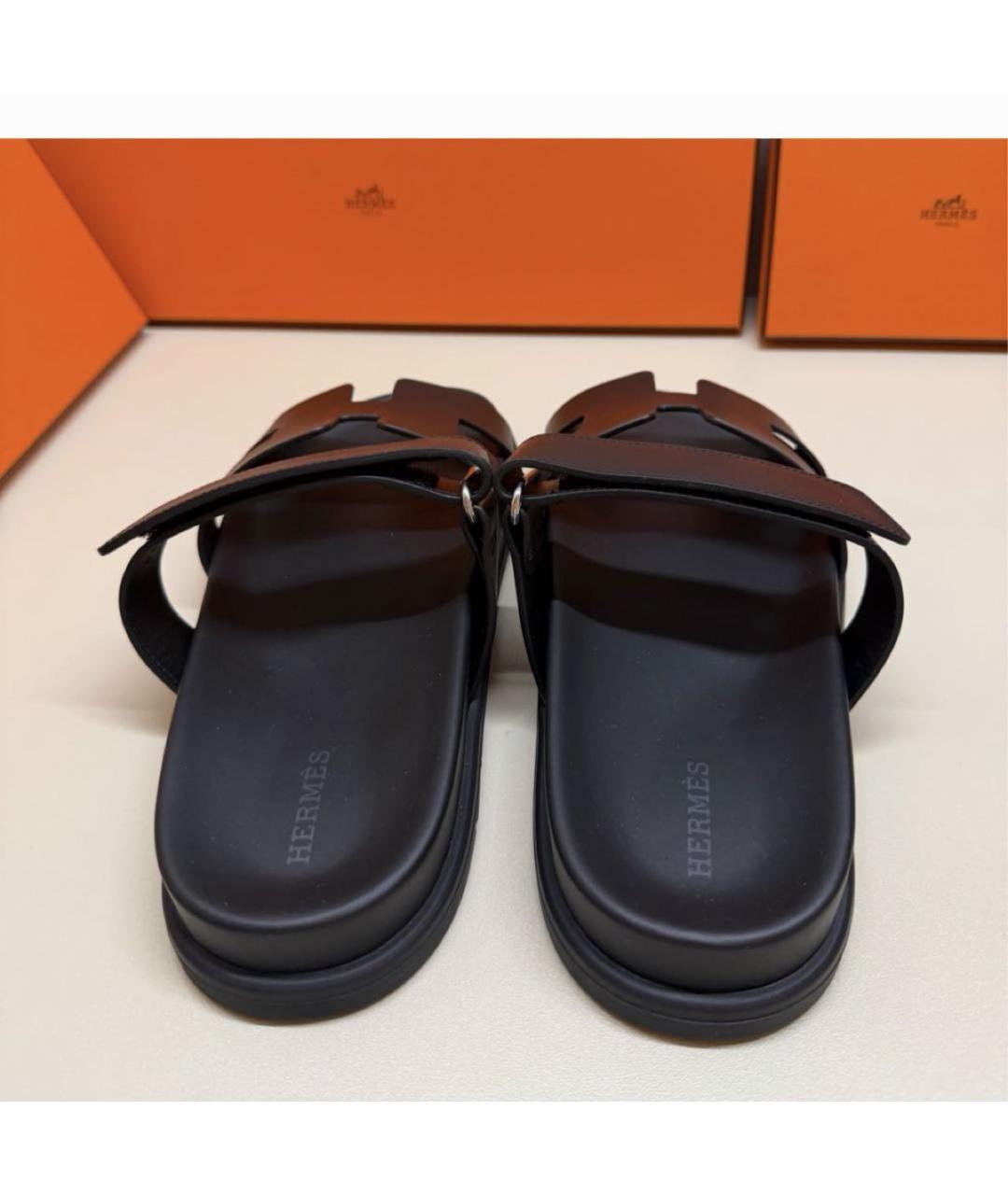 HERMES Черные кожаные шлепанцы, фото 3