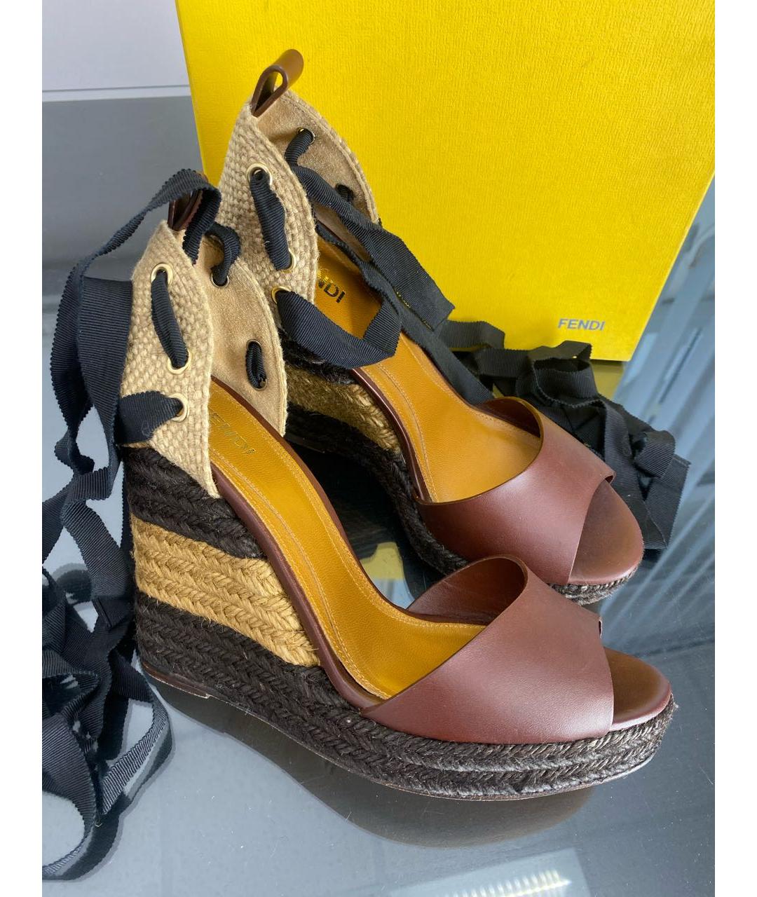 FENDI Коричневые кожаные босоножки, фото 3