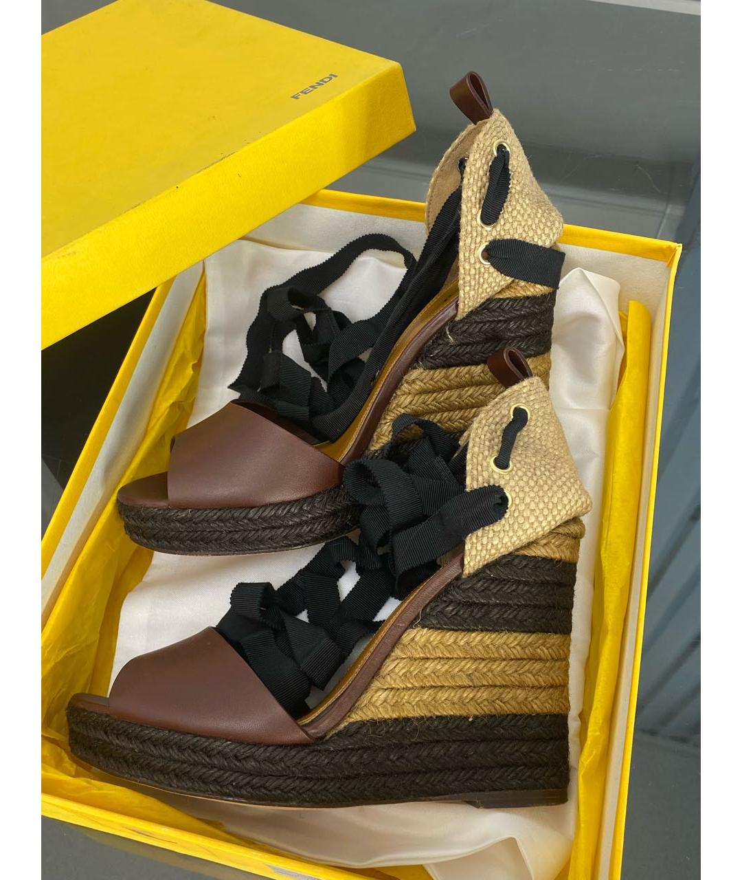 FENDI Коричневые кожаные босоножки, фото 5