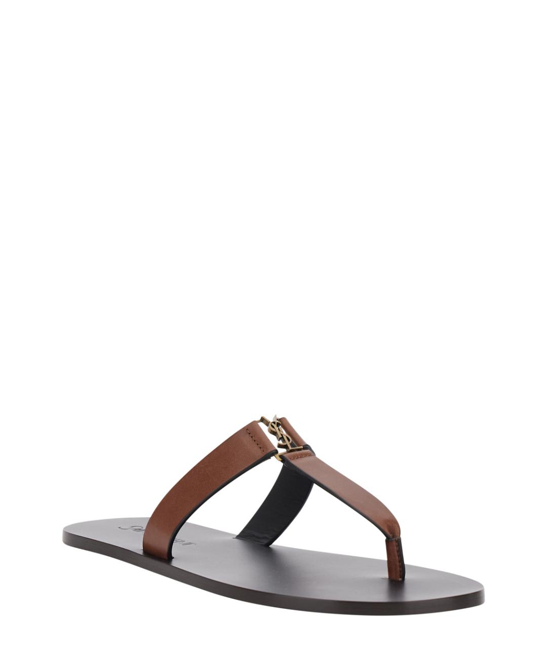 SAINT LAURENT Коричневые кожаные шлепанцы, фото 2