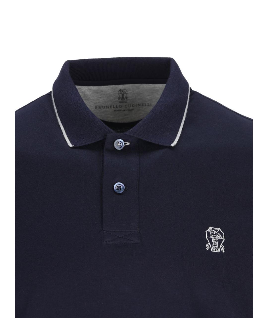 BRUNELLO CUCINELLI Темно-синее хлопковое поло с коротким рукавом, фото 3