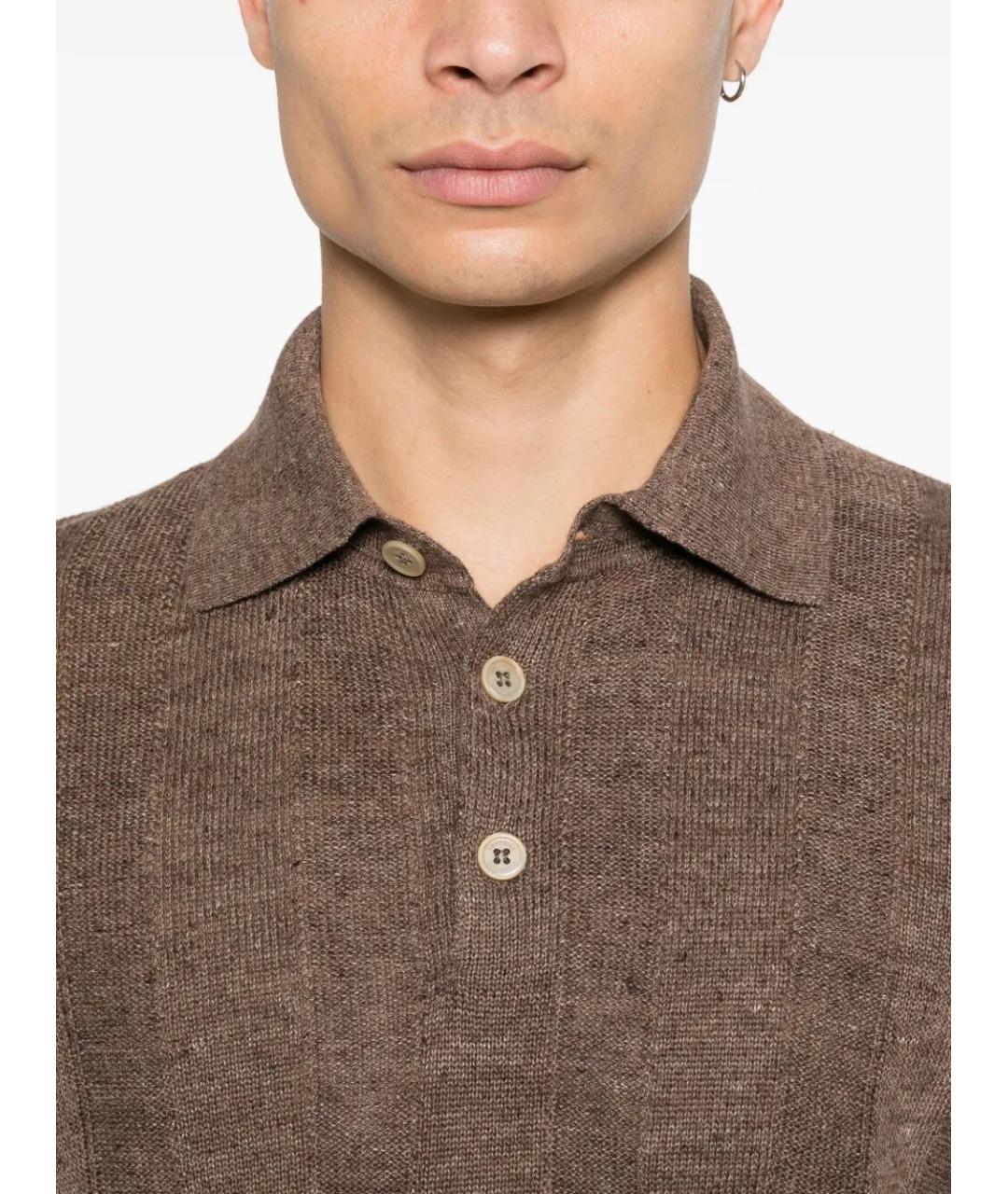 BRUNELLO CUCINELLI Коричневое хлопко-леновое поло с коротким рукавом, фото 5