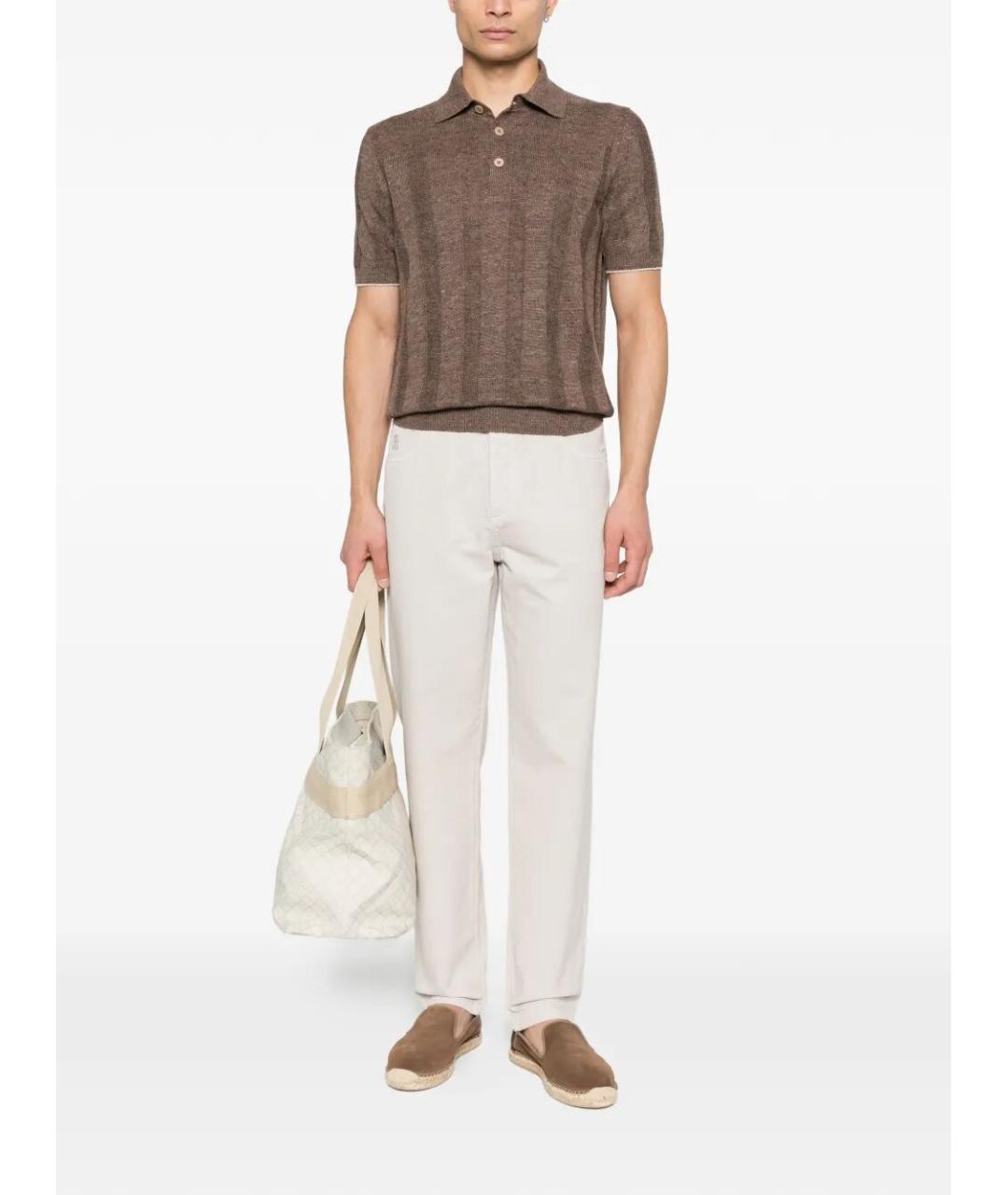 BRUNELLO CUCINELLI Коричневое хлопко-леновое поло с коротким рукавом, фото 2