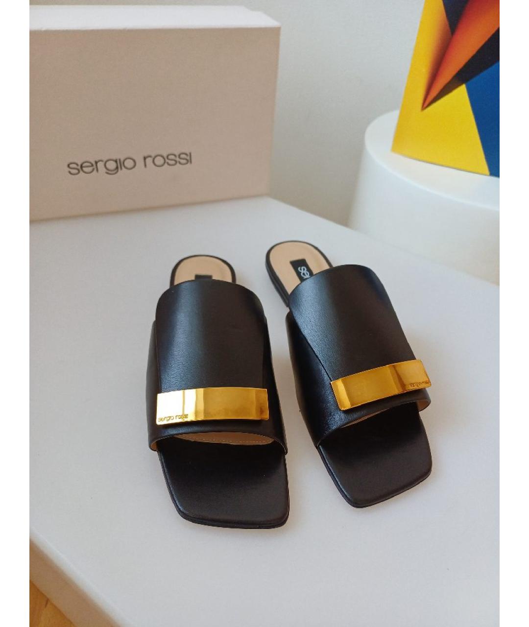 SERGIO ROSSI Черные кожаные сабо, фото 6