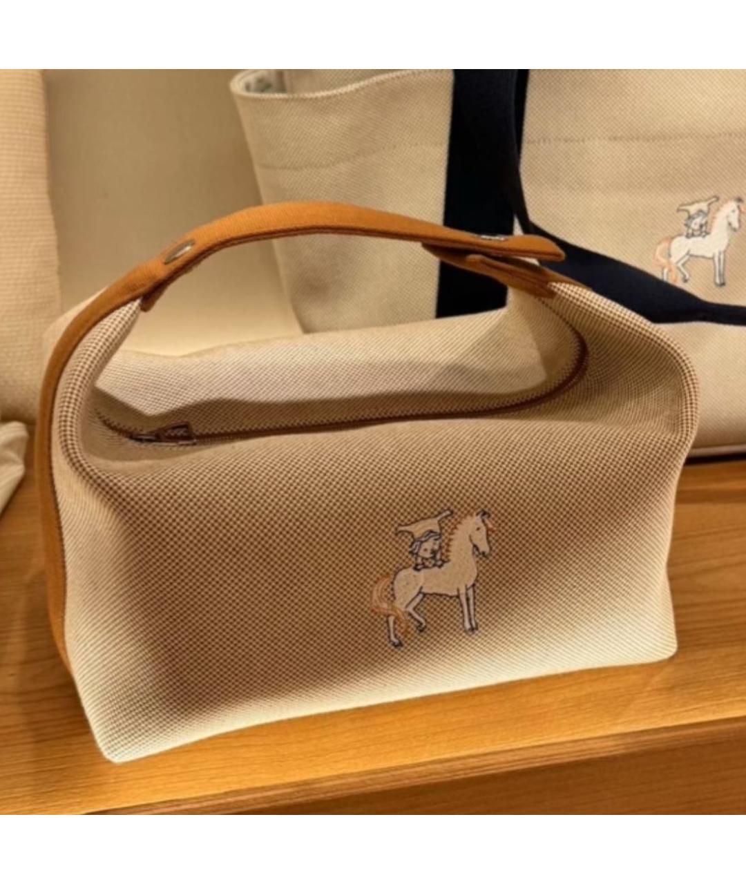 HERMES Коричневая тканевая косметичка, фото 2