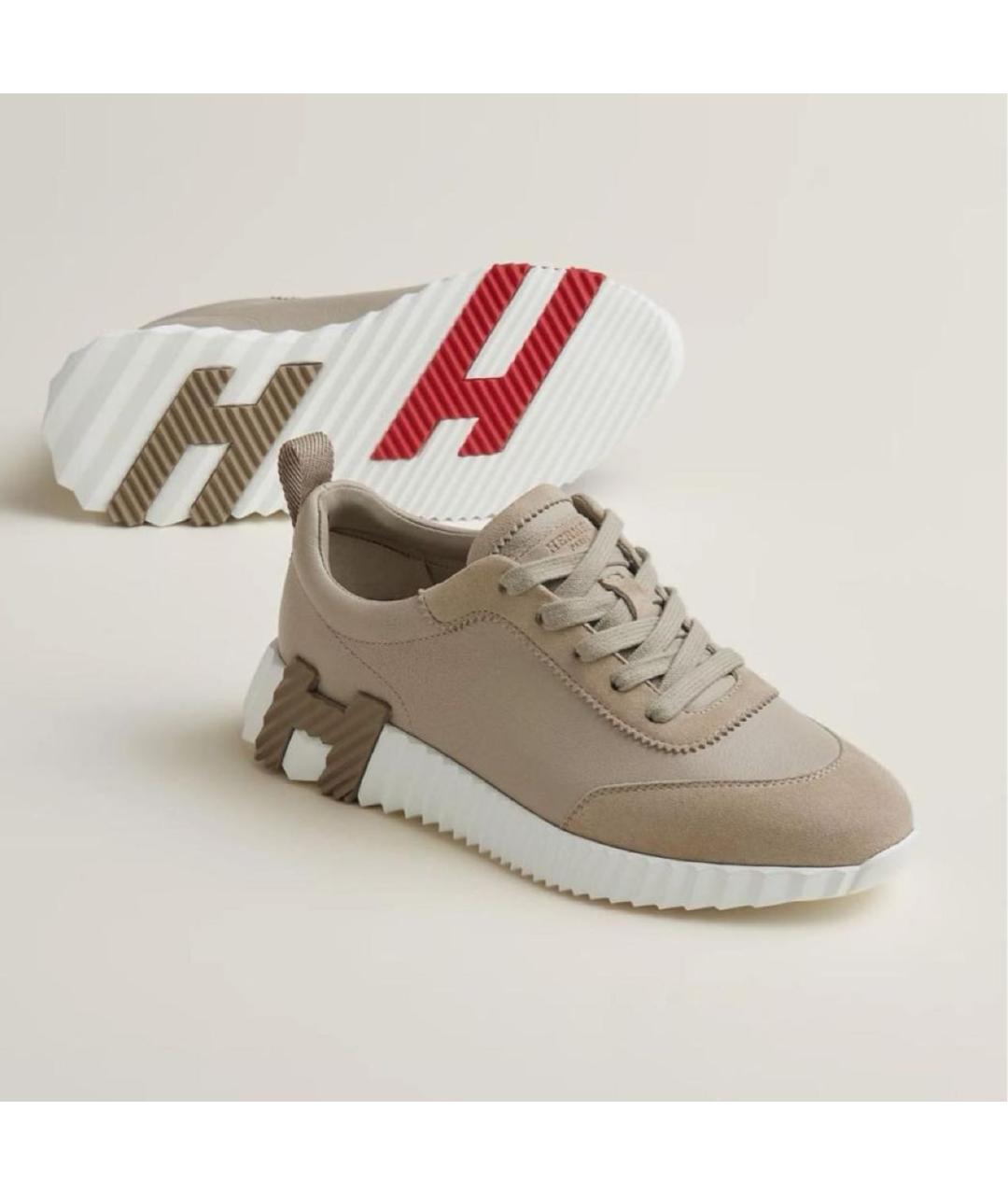 HERMES Бежевые кожаные кроссовки, фото 3