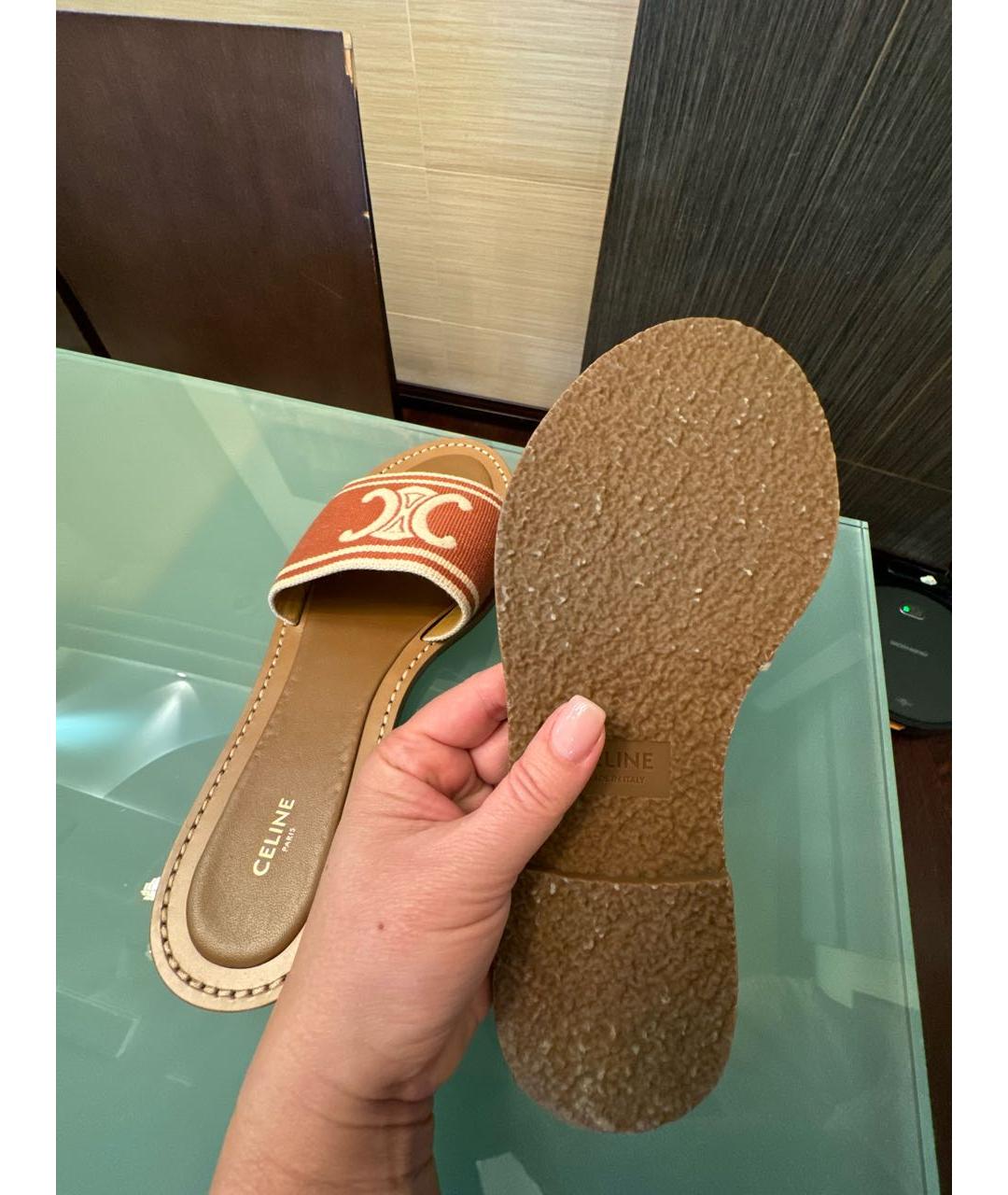 CELINE Коричневые текстильные шлепанцы, фото 4