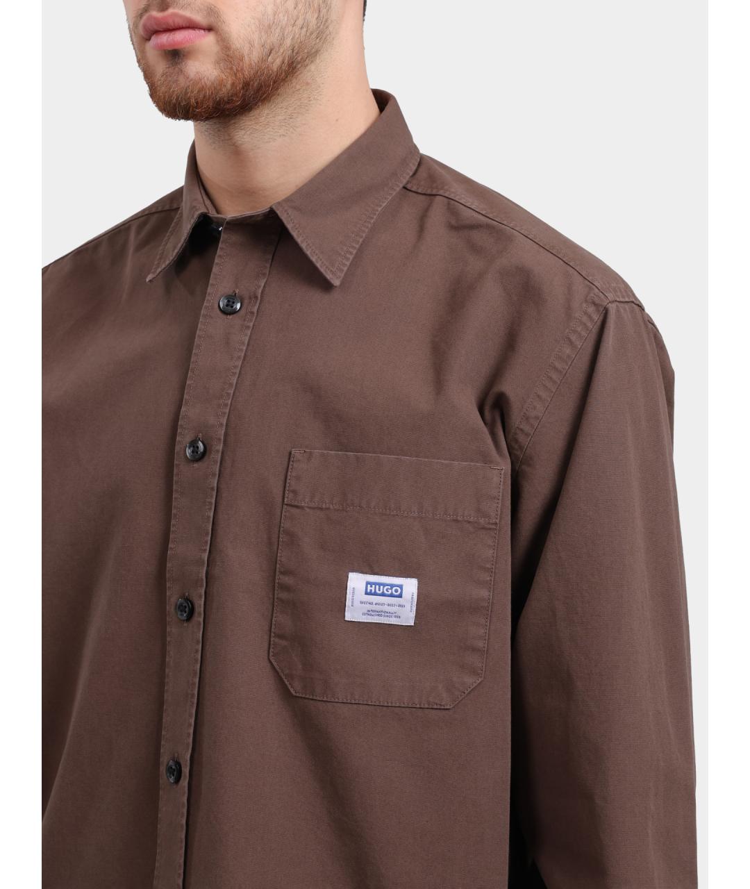 HUGO Коричневая хлопковая кэжуал рубашка, фото 3