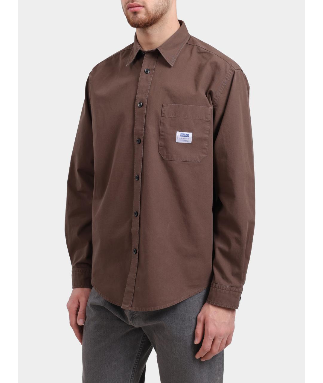 HUGO Коричневая хлопковая кэжуал рубашка, фото 2