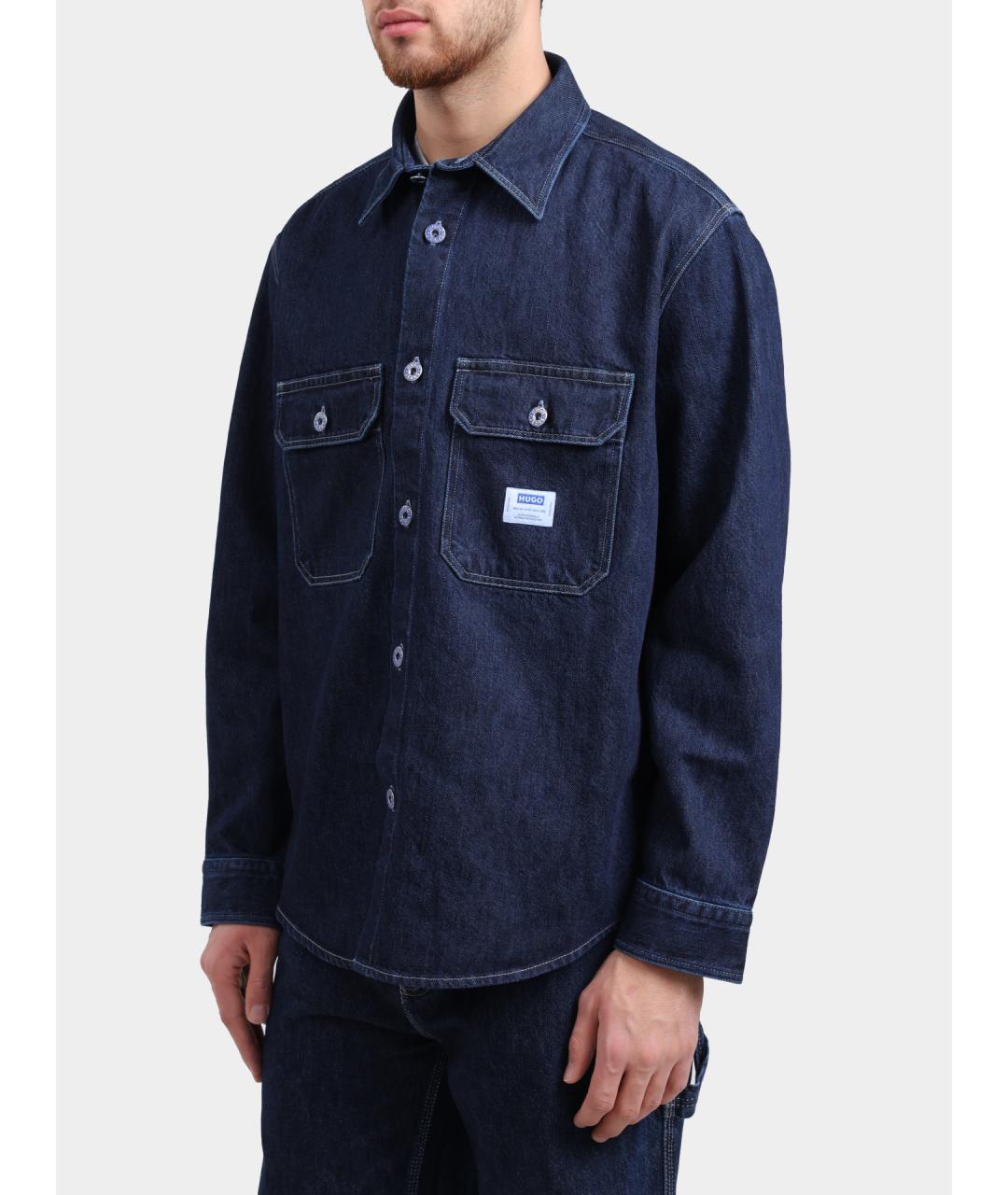HUGO Синяя хлопковая кэжуал рубашка, фото 3