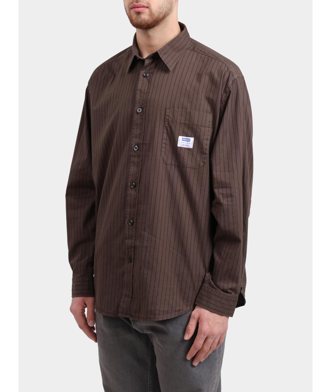 HUGO Коричневая хлопковая кэжуал рубашка, фото 3