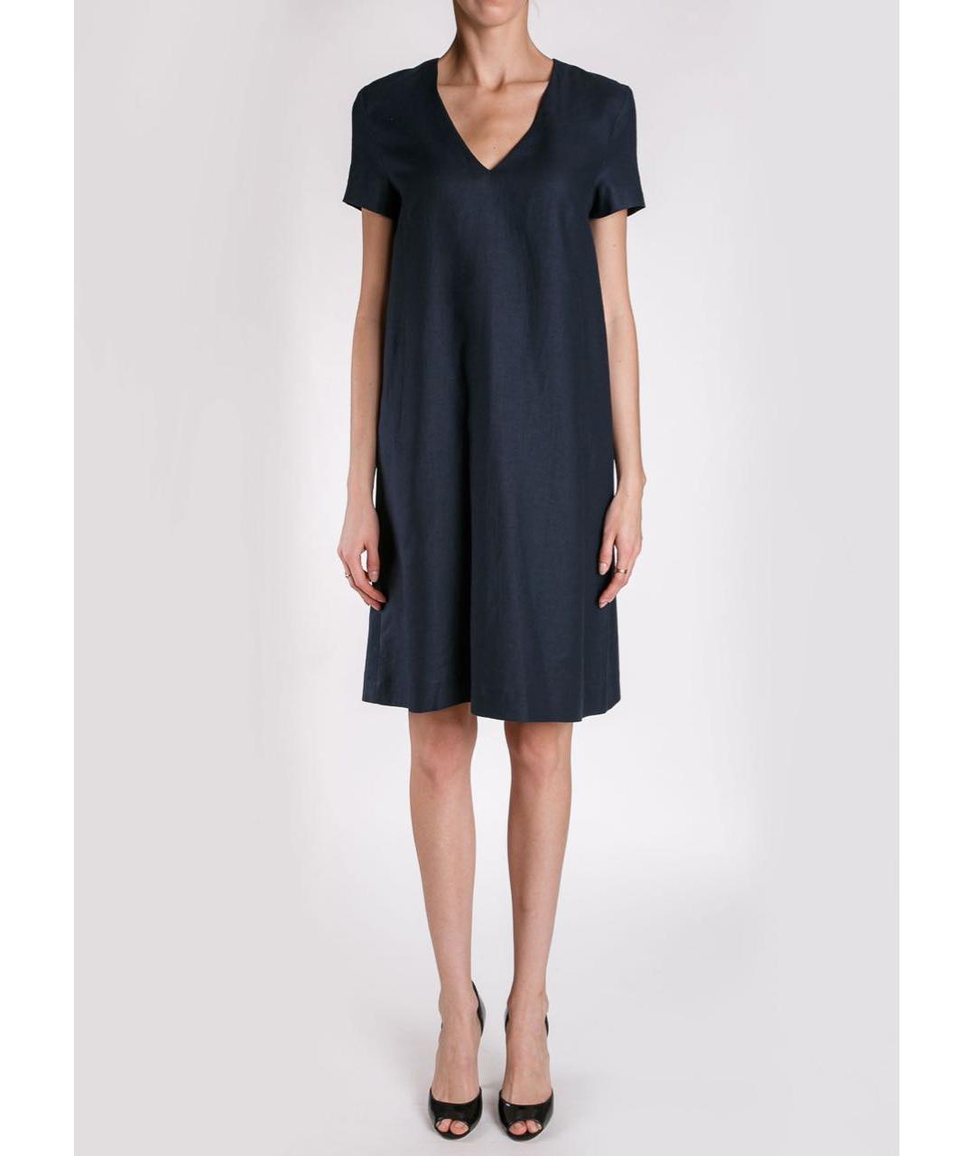 LES COPAINS Темно-синее льняное повседневное платье, фото 2