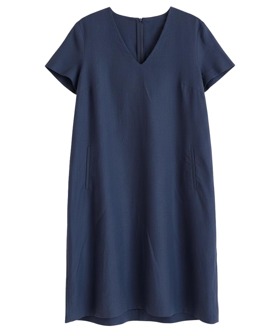 LES COPAINS Темно-синее льняное повседневное платье, фото 1