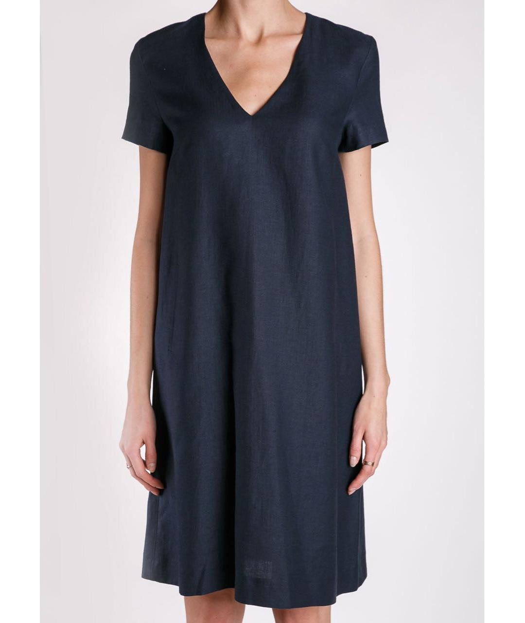 LES COPAINS Темно-синее льняное повседневное платье, фото 3