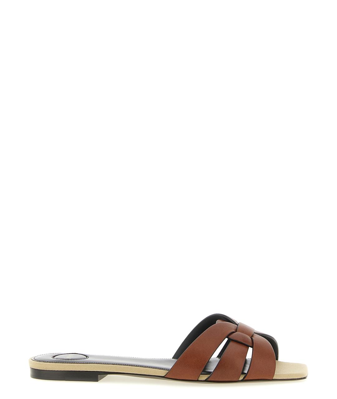 SAINT LAURENT Коричневые кожаные шлепанцы, фото 1
