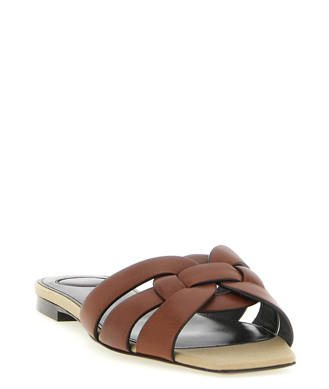 SAINT LAURENT Коричневые кожаные шлепанцы, фото 2