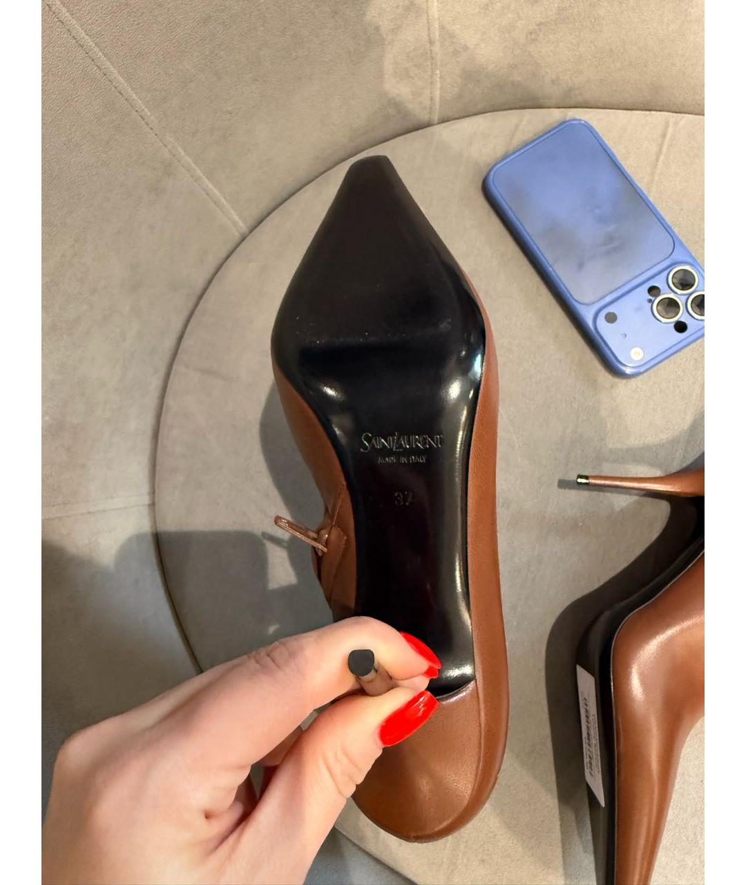 SAINT LAURENT Коричневые кожаные ботильоны, фото 6