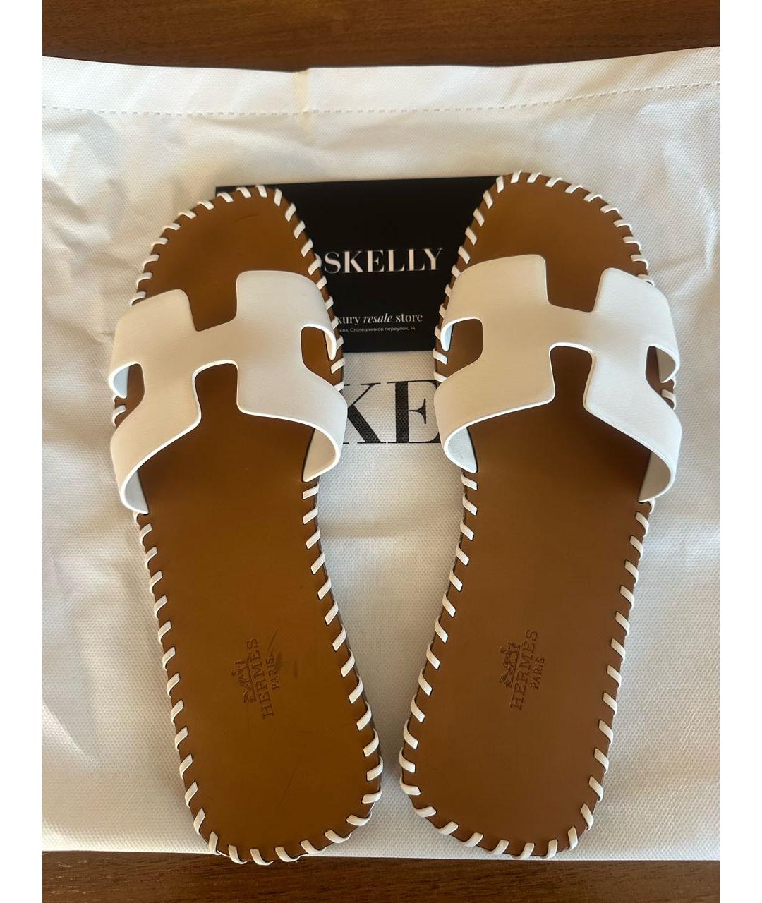 HERMES Белые кожаные шлепанцы, фото 3