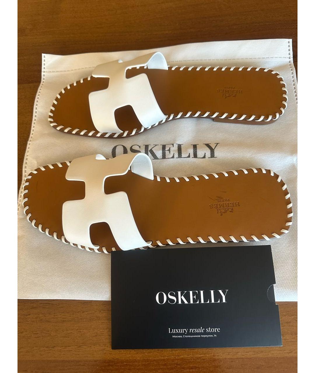 HERMES Белые кожаные шлепанцы, фото 7