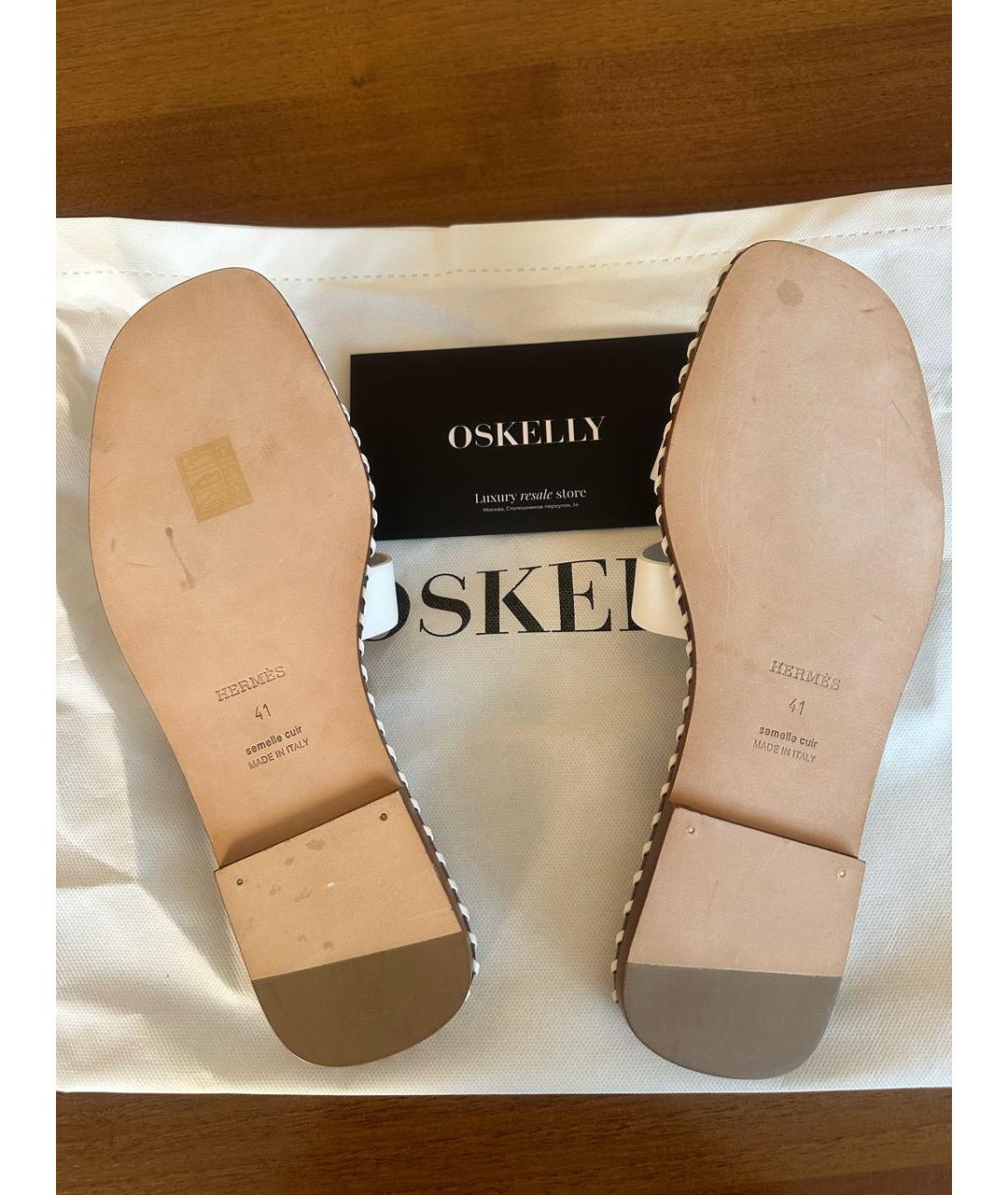 HERMES Белые кожаные шлепанцы, фото 5