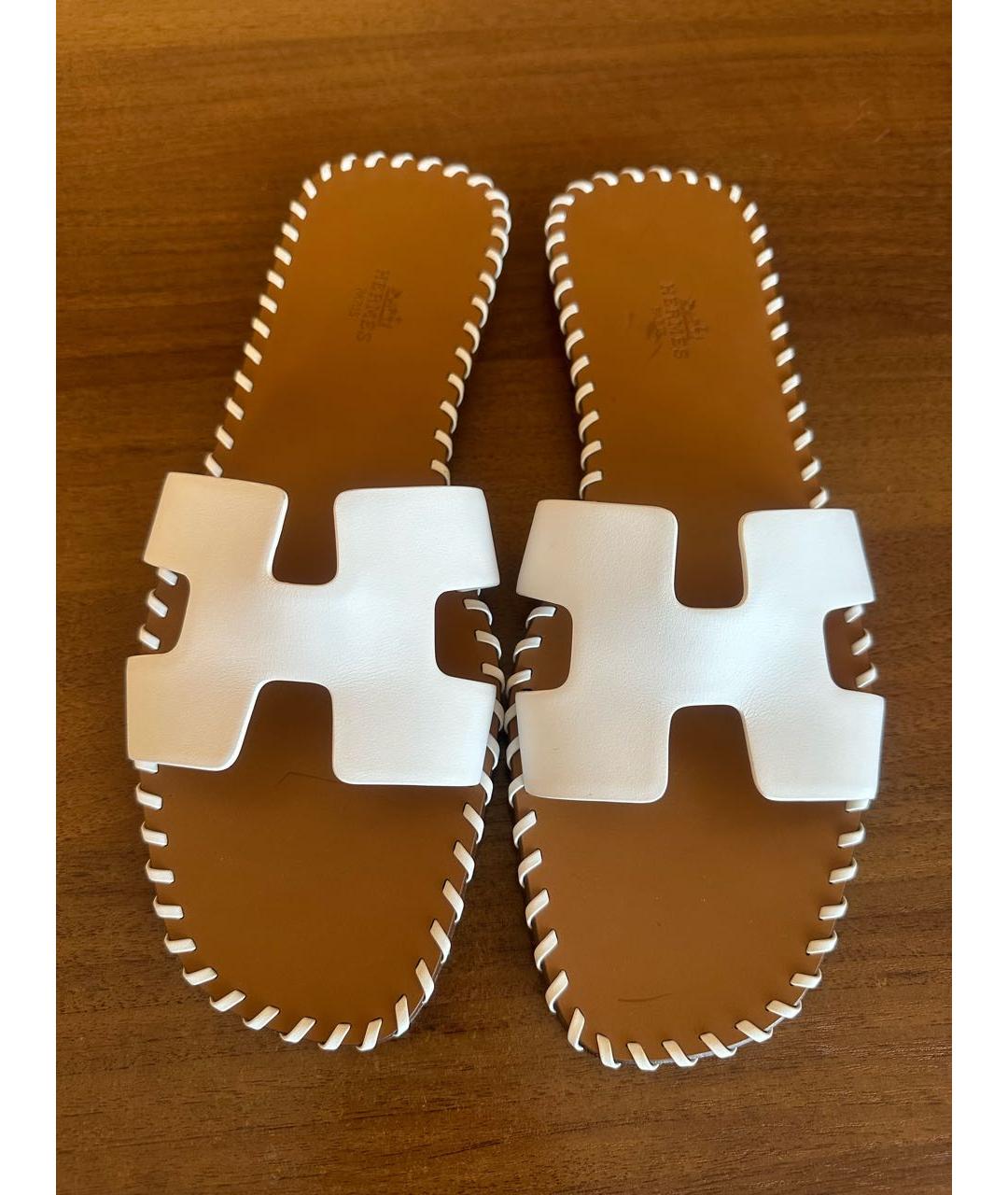 HERMES Белые кожаные шлепанцы, фото 2