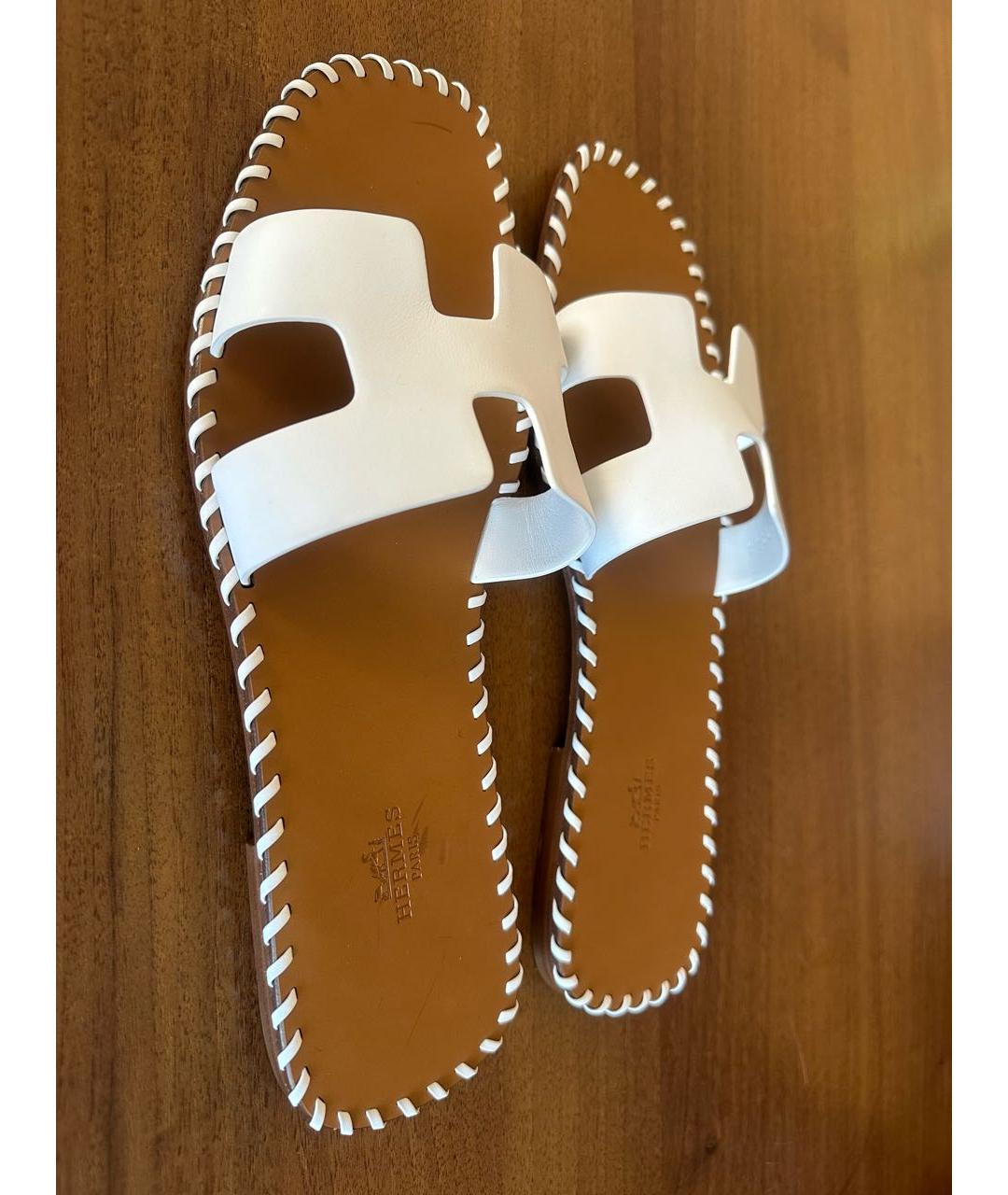 HERMES Белые кожаные шлепанцы, фото 4