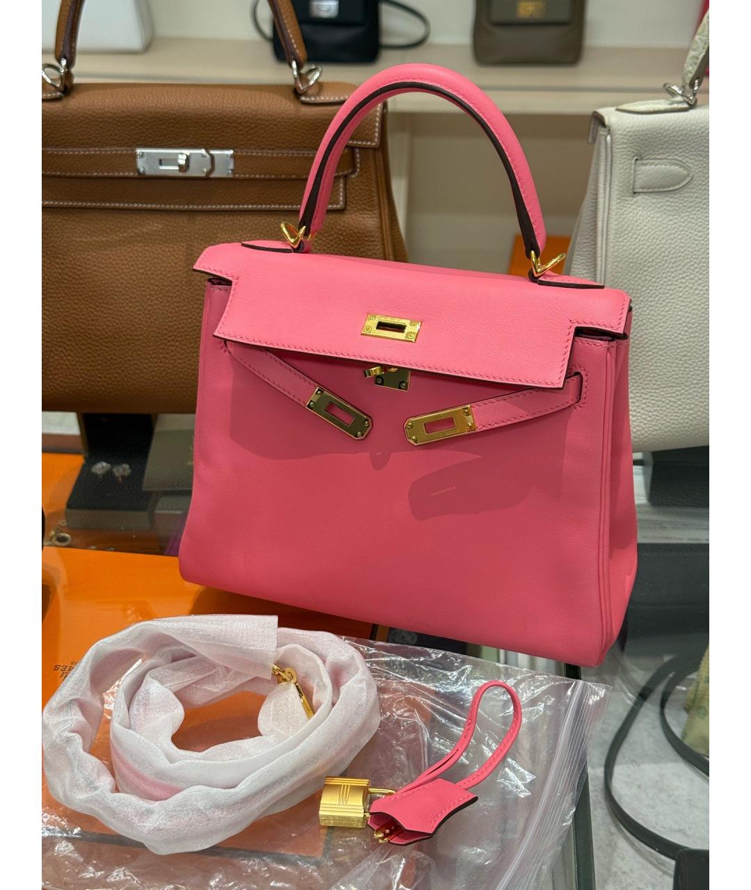 HERMES Розовая кожаная сумка с короткими ручками, фото 9