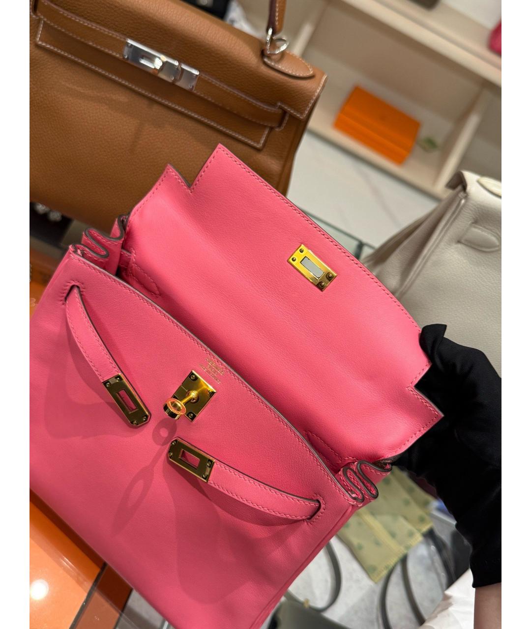 HERMES Розовая кожаная сумка с короткими ручками, фото 6