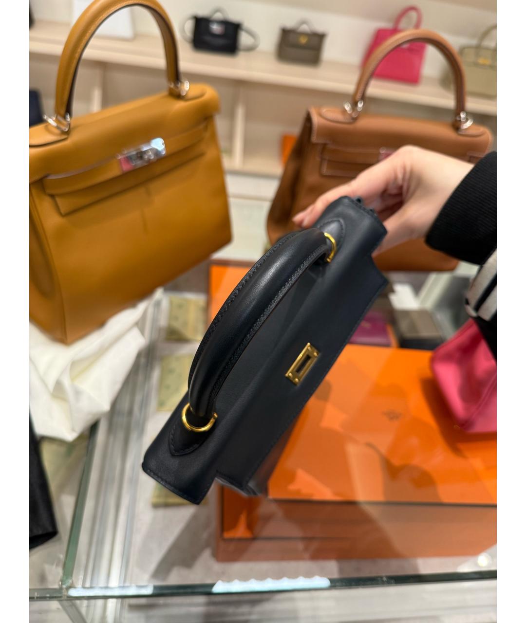 HERMES Темно-синяя кожаная сумка с короткими ручками, фото 6