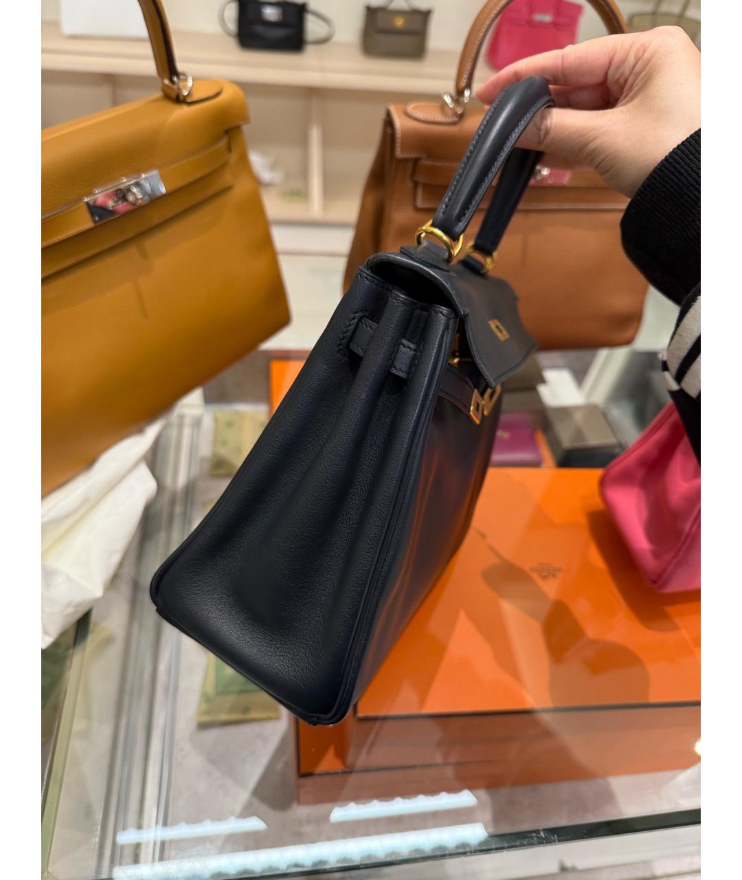 HERMES Темно-синяя кожаная сумка с короткими ручками, фото 4