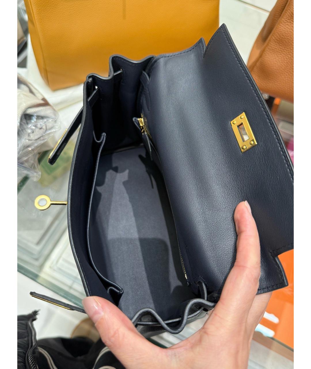 HERMES Темно-синяя кожаная сумка с короткими ручками, фото 8