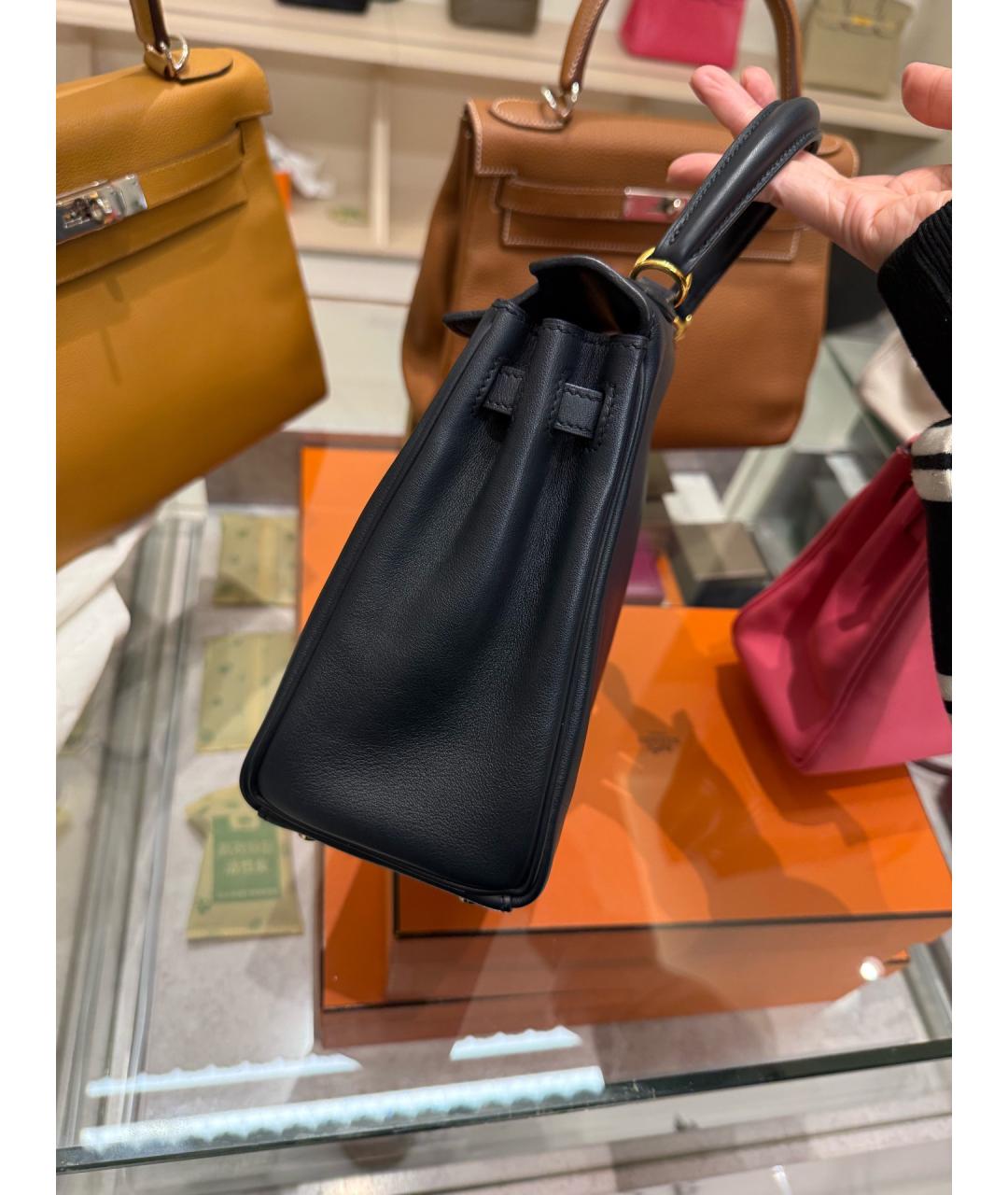 HERMES Темно-синяя кожаная сумка с короткими ручками, фото 3