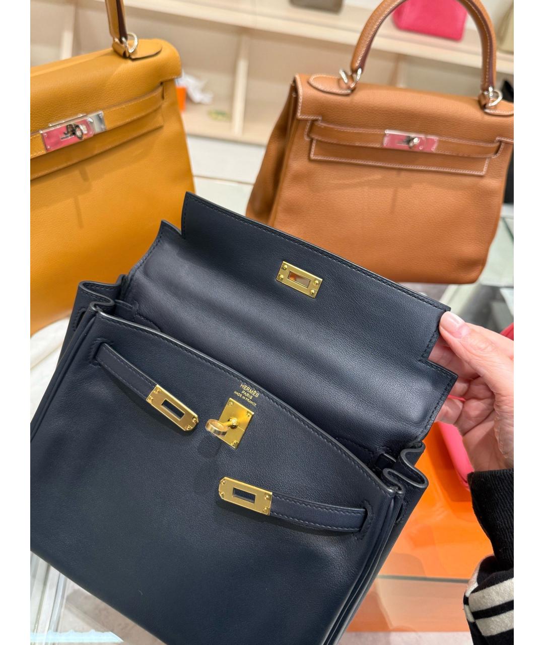 HERMES Темно-синяя кожаная сумка с короткими ручками, фото 7