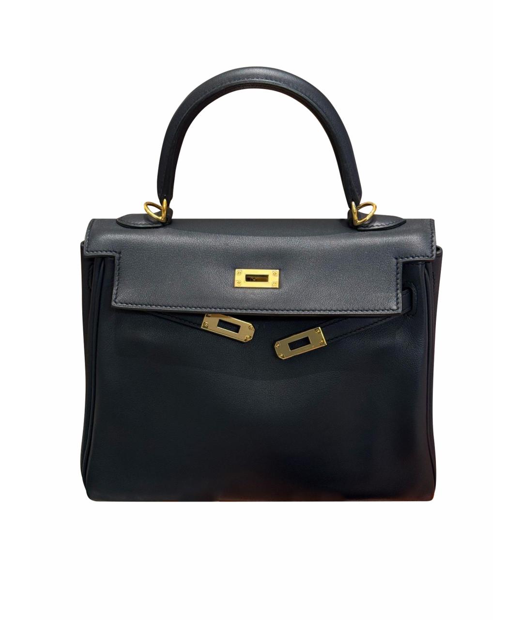 HERMES Темно-синяя кожаная сумка с короткими ручками, фото 1