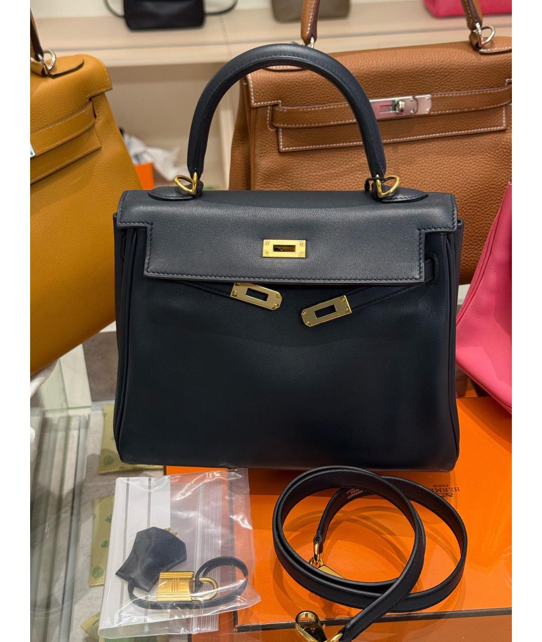 HERMES Темно-синяя кожаная сумка с короткими ручками, фото 10