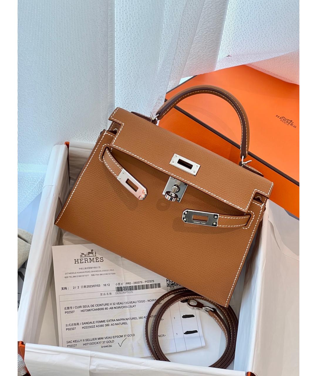 HERMES Коричневая кожаная сумка с короткими ручками, фото 6